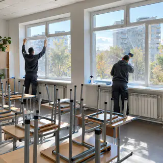 Монтажники клеять плівку на вікна класу (ілюстрація)
