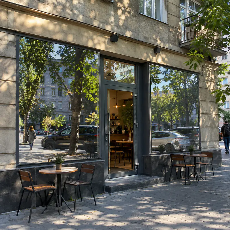 Кав'ярня з вітриною на сонці: дзеркальна бронеплівка на вікнах (ілюстрація)